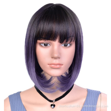 Wholesale High Quality Cheap 12 Inch Ombre Short Straight Wavy Bob With BangS Heat Resistance Synthetic Wigs For Women